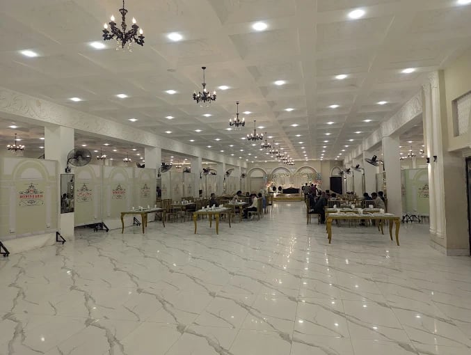 Dining hall set for a grand celebration